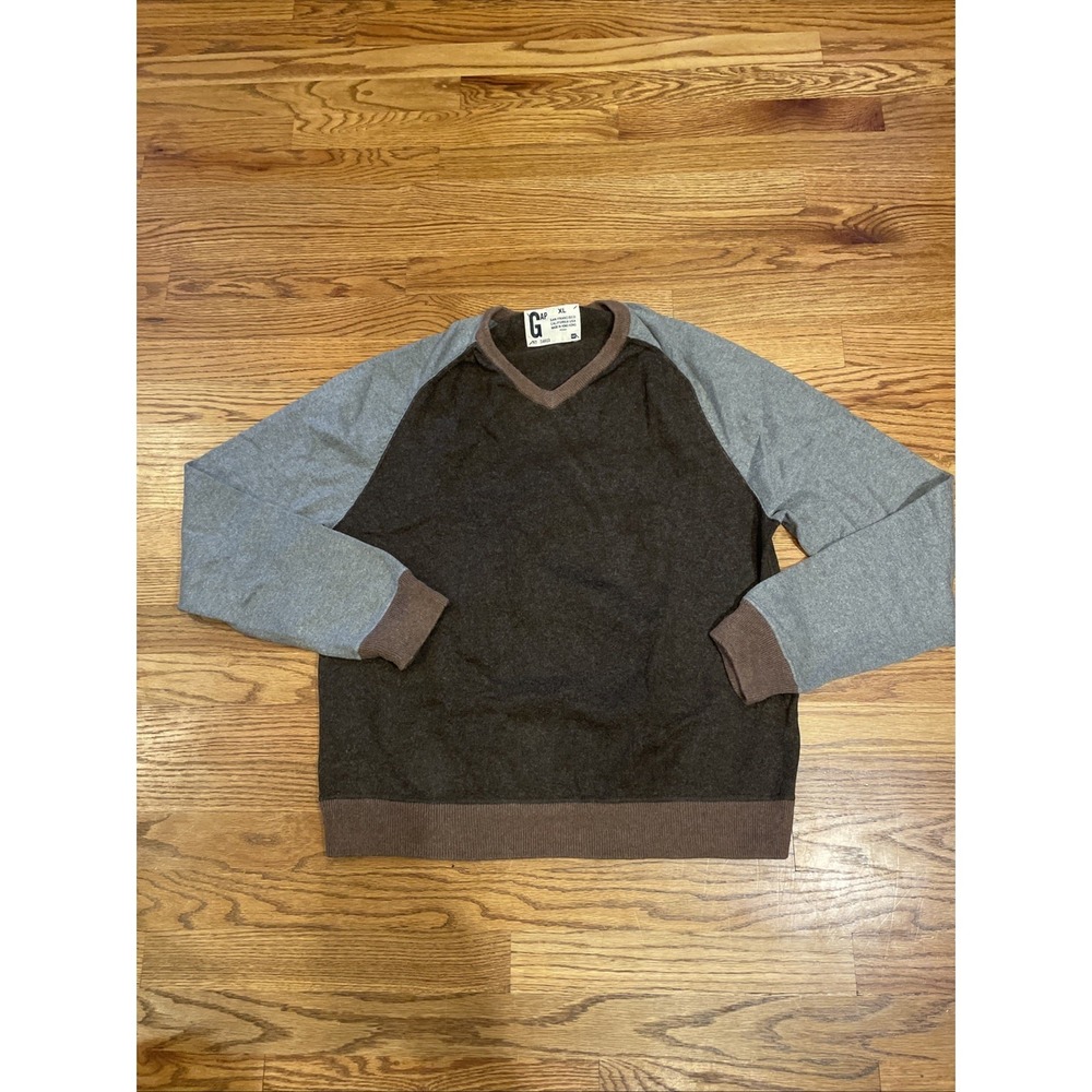 Gap Men Sweater XL Brown Gray Cotton Cashmere V-Neck Raglan Long Sleeve Pullover